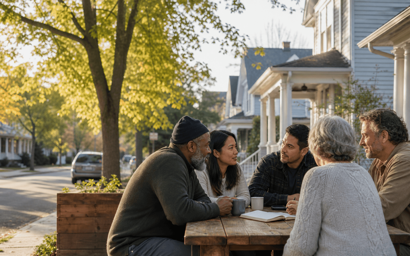 Neighbors gathered around a table in conversation