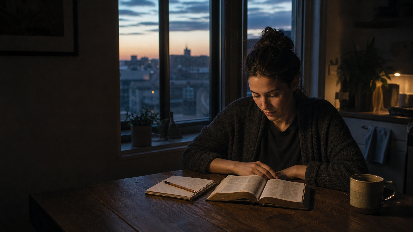 A woman reading an open Bible and reflecting in a journal before sunrise