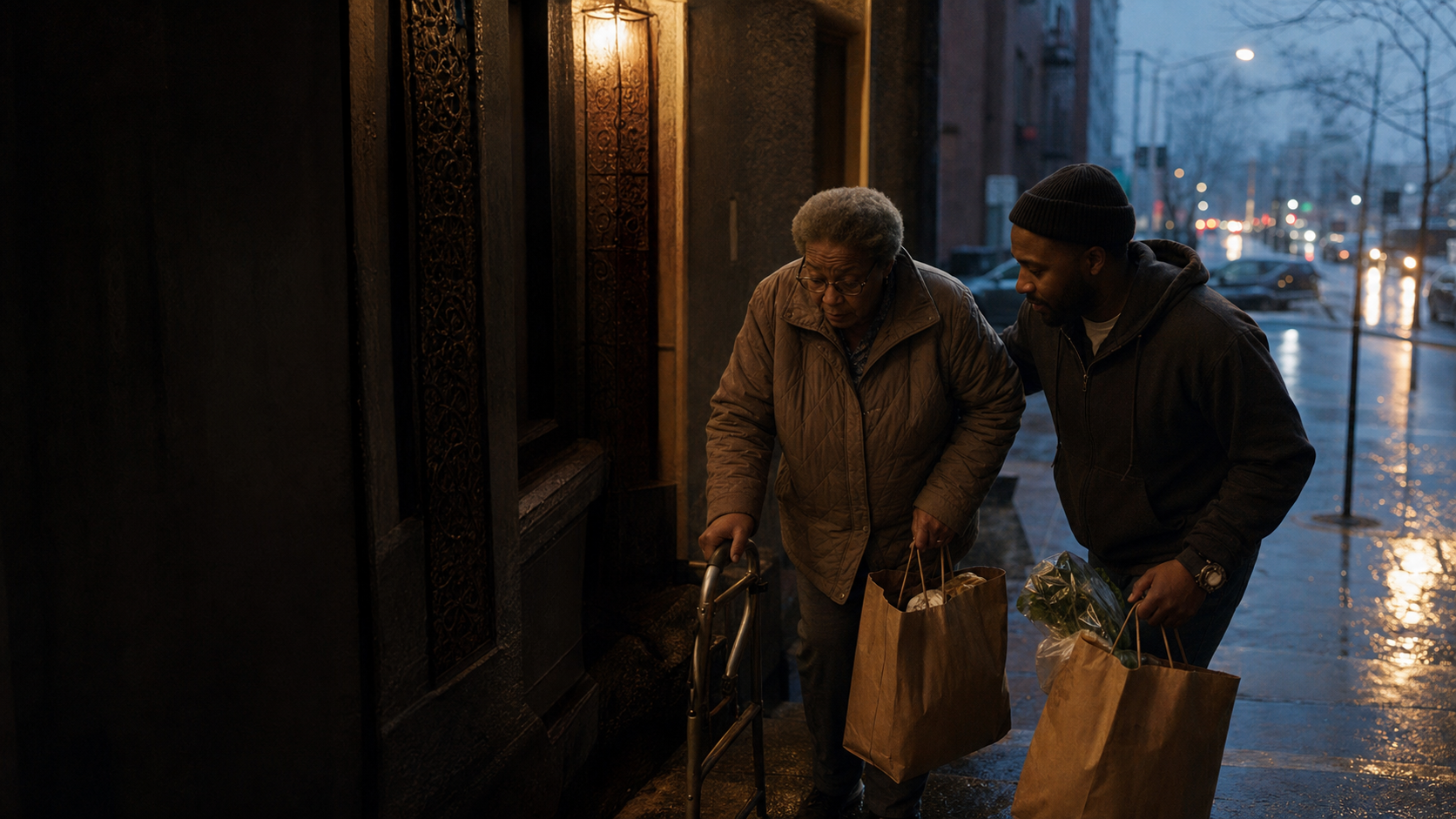 Neighbors carrying groceries together outside a brownstone