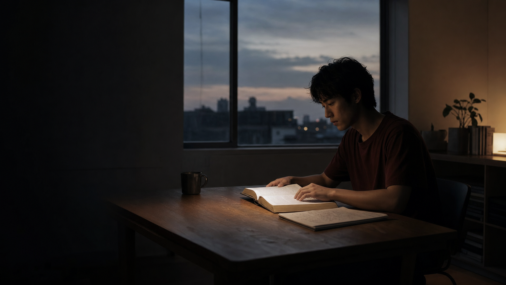 A person reading an open Bible and writing in a journal before sunrise