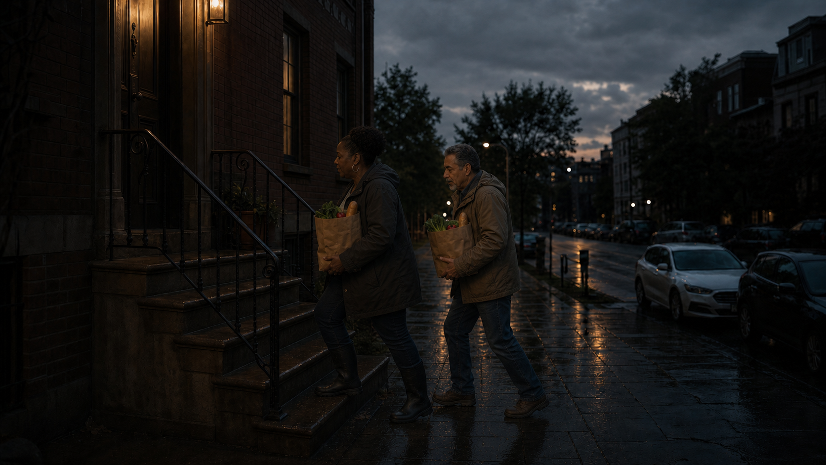 Two older neighbors carrying groceries toward a brownstone entrance after rain